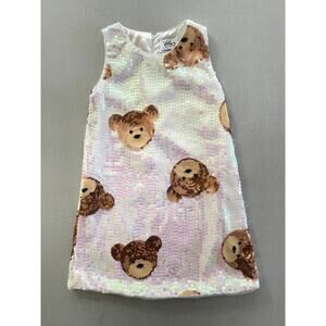 Lola & The Boys Sz 8 Sequin Bear Dress Cream Party Preppy Cute Glam Fun Sparkly